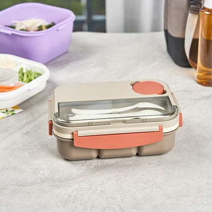 Restaurantware-Bento Tek 43.9 Ounce Bento Box, 1 Reusable Lunch Container - With Cutlery, Does Not Contain BPA, Brown And Orange Plastic Reusable Lunch Box, Sauce Cup Included, Microwavable - size: 1 Count, style: 44 oz - Brown