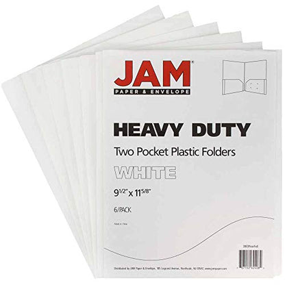 JAM PAPER Heavy Duty Plastic 2 Pocket Extra Tough School Folders - White - 6/Pack - color: White, size: 6 Per Pack