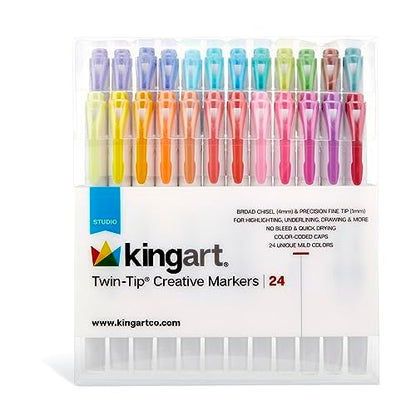 KINGART Studio Twin-Tip Highlighters (24 Unique Soft Pastel Colors). Double-Ended: Broad Chisel & Fine Tips. Quick-Dry, No-Bleed Water-Resistant Ink for Journaling/Art.