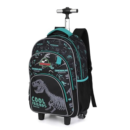 Kids Rolling Backpack for Boys, 5 PCS Cartoon Wheeled Backpack Set with Lunch Bag & Pencil Case, Durable Backpack with Wheels for School, Travel & Daily Use (Green) - color: Dinosaur Black