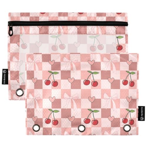 Gredecor 3 Ring Binder Pencil Pouch, Cherry Coquette Ribbon Bow (45) Zippered Pen Case Pouches with Clear Window, 2 Pack Stylish Office & School Supplie - color: Cherry Coquette Ribbon Bow (45)
