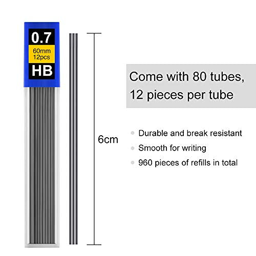 Coopay 960 Pieces Lead Refills 0.7 mm HB Break Resistant Mechanical Pencil Refills, 12 Pack Per Tube, 80 Tubes(0.7 mm) - style: 0.7 mm