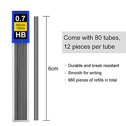 Coopay 960 Pieces Lead Refills 0.7 mm HB Break Resistant Mechanical Pencil Refills, 12 Pack Per Tube, 80 Tubes(0.7 mm) - style: 0.7 mm