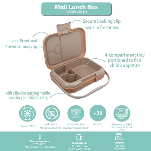 Bento Midi Lunch Box with carrying handle – 4 No-Mix Compartments | Microwave & Dishwasher Safe,Removable Tray | 900ML OZ (Pink Dark Powder ClevaRaff Friend) - color: Pink Dark Powder ClevaRaff Friend