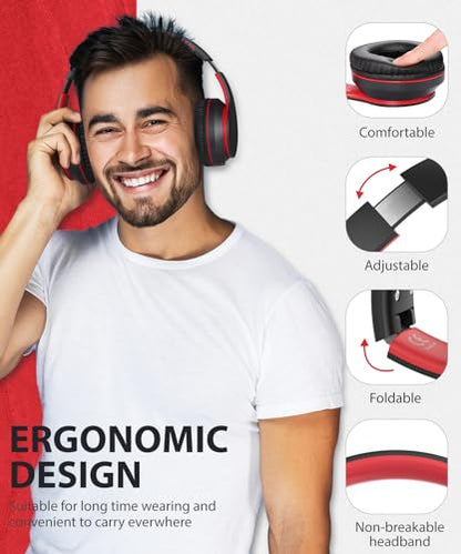 rockpapa E7 Over Ear Wireless Bluetooth Headphones with Mic, Foldable Wired/Wireless Headphones with Microphone for Kids Childrens Boys Girls Teen Youth Adult Black Red - color: Black Red, style: without Case