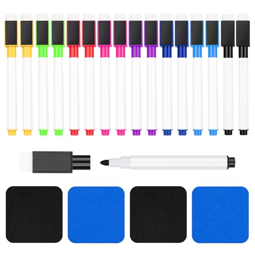 16 Pcs Colorful Magnetic Dry Erase Markers with Eraser, White Board Mini Dry Erase Markers with Eraser Cap, Fine Point Tip Student White Board Markers for Teachers Office School Supplies - color: Multicolor, size: 1 Count (Pack of 16)