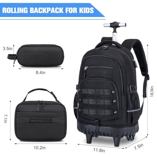 ACESAK Camo Rolling Backpack Boys, Tactical Kids Backpack Boys, Kids Suitcase for Boy Teens Elementary Middle High School, Military Backpack with Wheels and Lunch Bag Pencil Case Set (Black) - color: Black