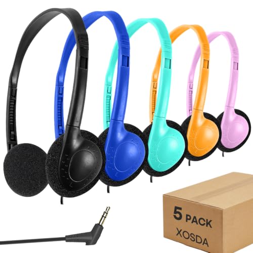 5 Pack Classroom Bulk Headphones for School Kids, Wholesale Class Set Wired Earphones for Students Children Toddler Teens Boys Girls and Adult (LS04, 5 Mixed)