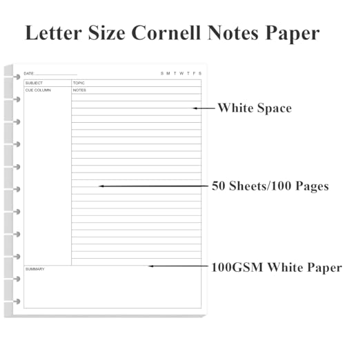 Letter Size Cornell Notes Filler Paper - 11 TUL Disc Cornell Notes Loose Leaf Paper, 50Sheets / 100Pages, 8.5'' x 11'' - size: 1-Pack, style: 11-Disc/Letter Size