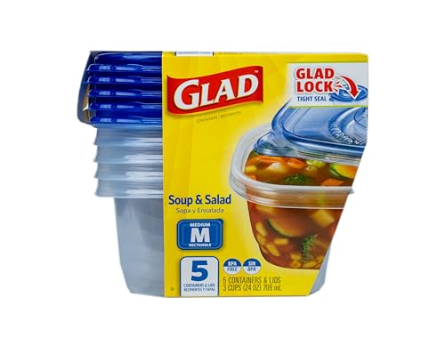 Glad GladWare Medium Rectangle Food Storage Containers with Lids, BPA Free Plastic for Soups Salads and Meal Prep, Airtight Leak Resistant, Microwave Dishwasher Freezer Safe, 24 Oz, 5 Count - size: 24 oz - 5 Count, style: Rectangle