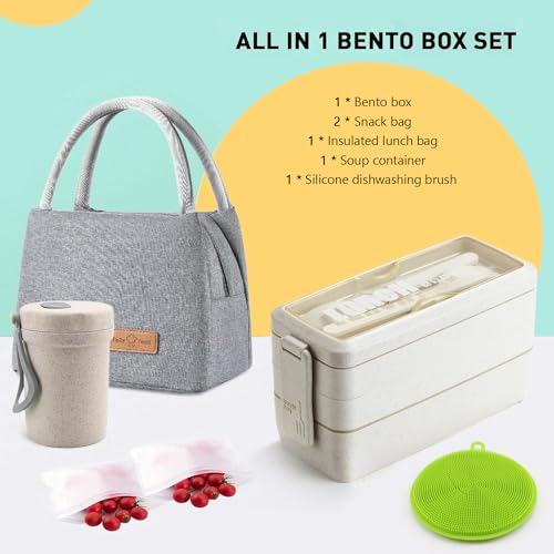Bento Box Japanese Lunch Box Kit Leakproof Bento Lunch Box for Kids Adults Wheat Straw 3 Layer Stackable Lunch Containers with Compartment Eco-Friendly Meal Prep Containers (Beige) - color: Beige, size: 5Pcs