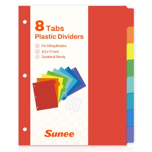 SUNEE 8 Tab Binder Dividers,Plastic Dividers for 3 Ring Binder,3 Ring Binder Dividers with Tabs for School Office Home Supplies,Bright Color, 1 Set