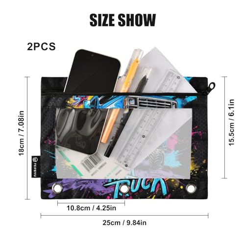 MCHIVER Monster Truck Off Road Pencil Pouch for 3 Ring Binder Pencil Pouches with Zippers Clear Window Binder Pockets Pencil Bags for Work Daily Office Adults 2 Packs - color: Monster Truck off Road