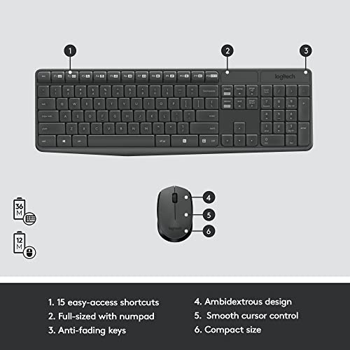 Logitech MK235 Full Size Wireless Keyboard and Mouse Combo | Full size keyboard with spill-resistant design, compact ambidextrous mouse, connect via single included USB-A Nano Receiver