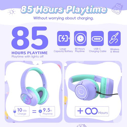 Kids Bluetooth Headphones, 85H Playtime Wireless Headphones for Kids, Colorful LED Lights, 85/94dB Safe Volume Limit, Bluetooth 5.4 Built-in Mic Toddler Headset for Tablet/Airplane (Purple) - color: Purple