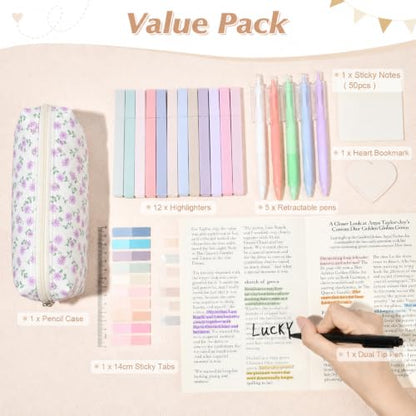 22Pcs Book Annotation Kit Aesthetic Pencil Case with Supplies School Annotation Supplies Gel Pen Transparent Sticky Note Taking Bible Study College Stationery Supplie (Lavender Floral) - color: Lavender Floral