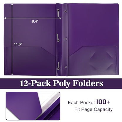 12-Pack Plastic Folders with Pockets and Prongs, 2-Pocket Poly Folders with 3 Fasteners Holds 8-1/2" x 11" Paper for School/Office/Home, Purple - color: Purple, size: 12-Pack