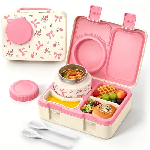 Kids Lunch Box with Thermo, Leakproof Bento Box for Kids with 8OZ Insulated Food Jar, Ice Pack, Sauce Cup, Utensils, Removable Tray & Dividers for School Daycare Travel (Floral bows) - color: Floral bows