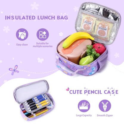 Kids Backpack for Girls 4-8, Cute 3D Embroidered Butterfly Toddler Backpack with 34oz Lunch Box, Insulated Bag, Pen Case & Utensils, School Bookbag for Preschool Kindergarten Elementary - color: Butterfly