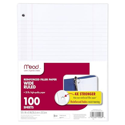 Mead Loose Leaf Paper, Wide Ruled Filler Notebook Paper, Reinforced, 8" x 10-1/2", 100 Sheets, Fits 3-Ring Binder (15006) - size: Pack of 1, style: 100 Sheets