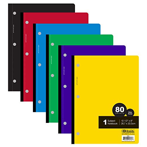 BAZIC Notebook Wide Ruled 1 Subject 80 Sheets Wireless Notebooks, 3 Punched Holes Lined Composition Book, Assorted Color, 1 Unit, Random Color