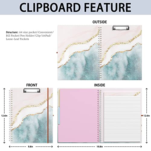 Rimilak Spiral Clipboard Folio with Refillable Lined Notepad, 14.5 x 9.8 In, Hardcover Cover with 5 Interior Pockets, Elastic Band and Pen Loop Series. Cute Stylish Clipfolio, Pink Gold Marble - color: Pink Gold Marble