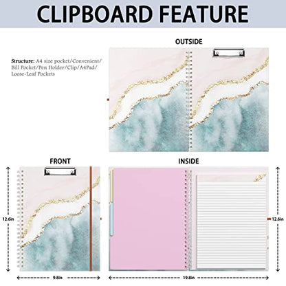 Rimilak Spiral Clipboard Folio with Refillable Lined Notepad, 14.5 x 9.8 In, Hardcover Cover with 5 Interior Pockets, Elastic Band and Pen Loop Series. Cute Stylish Clipfolio, Pink Gold Marble - color: Pink Gold Marble