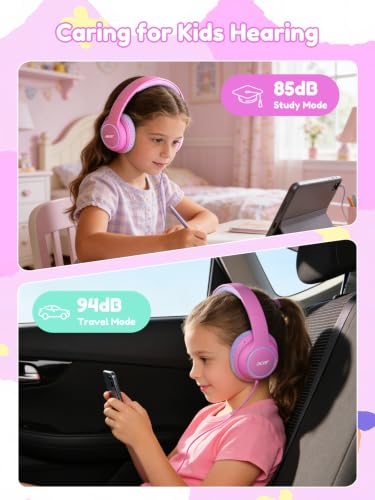 Acer Kids Headphones Wired for School - Over Ear Design, 85/94dB Safe Volume Limit, 3.5mm Jack Foldable Headphones for Toddler Boys Girls Classroom Yoto Player Chromebook Travel (Pink) - color: Pink