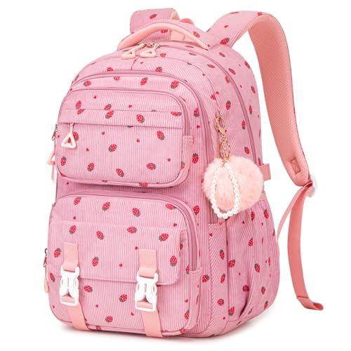 Girls Backpack, Kids Backpack for Girls, School Bag for Primary Elementary & Middle School Students, Bookbags for Teen Girl, Corduroy Laptop Backpack Travel Daypack, Pink Strawberry - color: Pink Strawberry