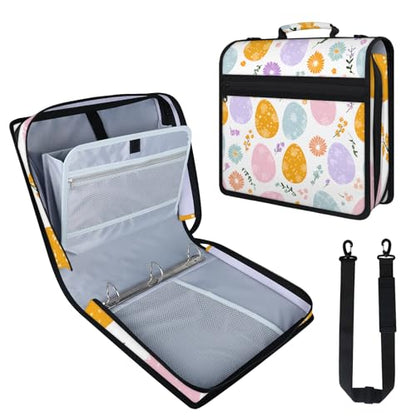 Easter Day Eggs Zipper Binder, 3 D-Ring Expanding File Folder with Handle & Adjustable Shoulder Strap, 400 Sheets Capacity Multi-Pocket Organizer for 13 Inch Laptop - color: Easter Day Eggs