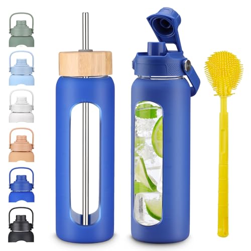 24 oz Borosilicate Glass Water Bottle with 2 Leak-Proof Lids, Bamboo Straw Lid, Silicone Sleeve, BPA Free for Gym, Office, Home & Travel‌ - color: Navy Blue, size: 24 Ounces