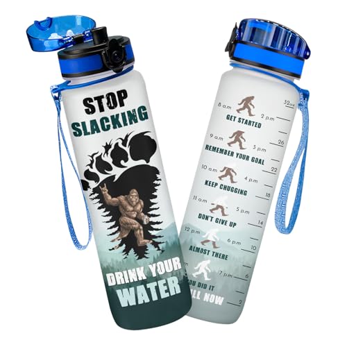 Bigfoot Water Bottle 32oz with Time Marker Hard Plastic Motivational Sasquatch Bottle UV 3D Printing Funny Outdoor Gifts for Men Travel Sports Bottle with Lid Filter - color: White Green