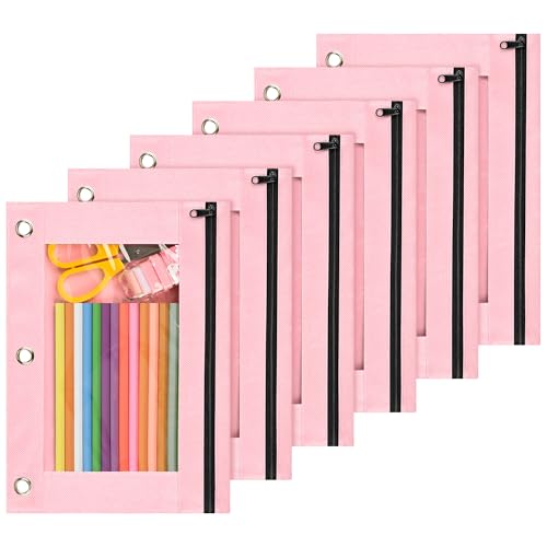 Lanpn Pencil Pouch for 3 Ring Binder 6 Pack, Pink Binder Pen Bags with Zipper, Cute 3 Holes Pencil Pouches Organizer for Boy Girl Kids School Student, Reinforced Grommets & Clear Window - color: Pink, size: 6 Pack