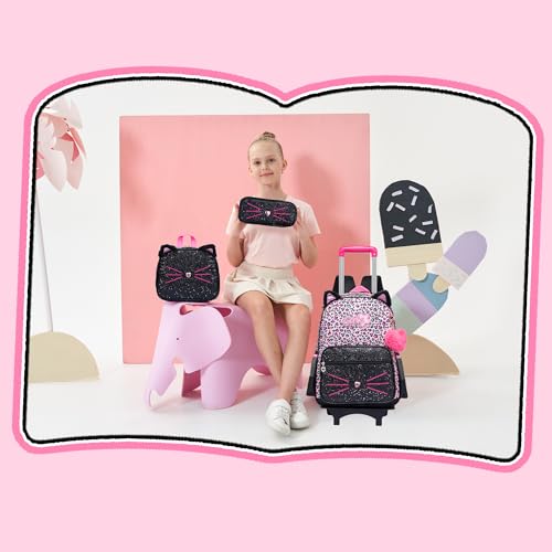 Meetbelify Girls Cute Backpack with Wheels for Elementary Students Kids Black Travel Luggage - color: Black Leopard Cat