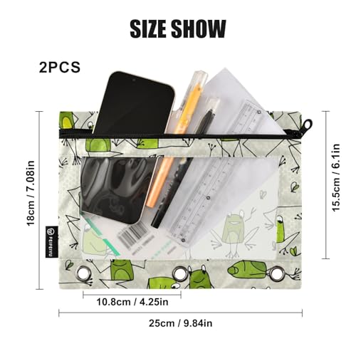ZAZYXTJ Frog Binder Pencil Pouchs 3 Ring with Zipper Clear Window Office Organizers bag for School Students Teacher Supplies 2 Pack - color: Frog