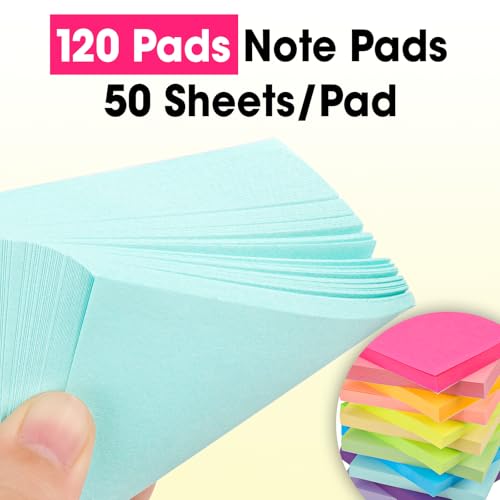 120 Pads Sticky Notes 3x3, Bright Colors Self-Stick Pads Bulk, Super Sticky Notes, School Supplies, Office Products, 50 Sheet/Pad