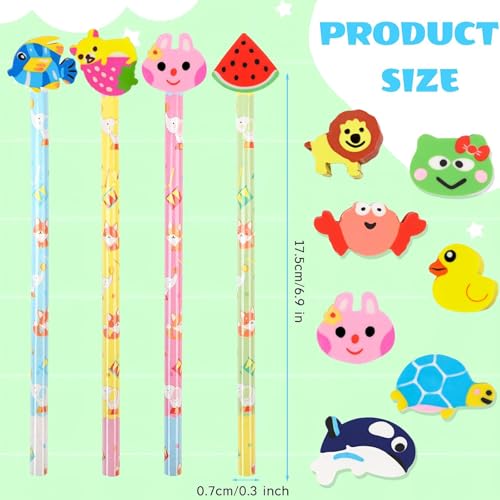DIYASY 50 Pcs Cute Pencils with Eraser Toppers, Cartoon Animal Wood Pencil Bulk Party Favor Supplies Classroom Rewards Prizes Stationery for Kids