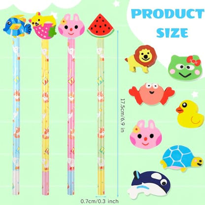 DIYASY 50 Pcs Cute Pencils with Eraser Toppers, Cartoon Animal Wood Pencil Bulk Party Favor Supplies Classroom Rewards Prizes Stationery for Kids