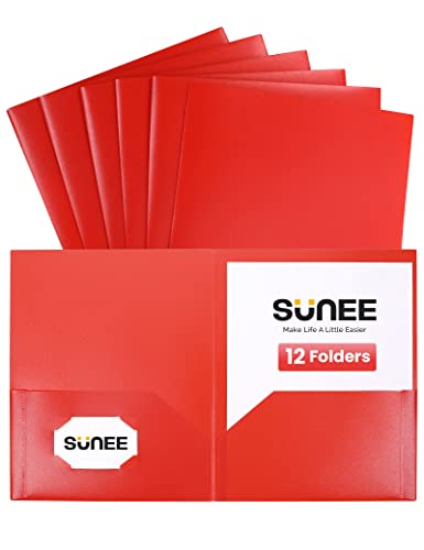SUNEE 2 Pocket Folders (12 Pack, Red) Heavy-Duty Plastic Folders with Pockets, Fit 8.5x11 Letter Size Paper, 2-Pocket File Folders for Kids, Home, School, Office - color: Red, style: 12-Pack