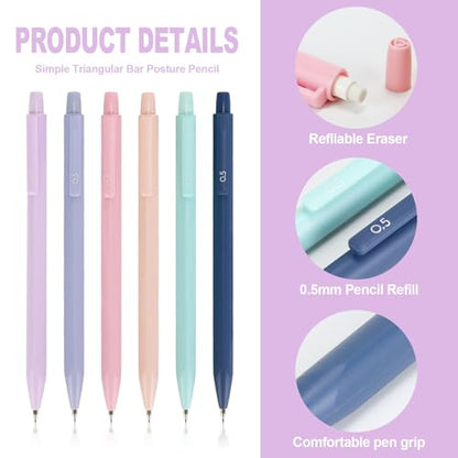 Mechanical Pencil Set - 6PCS 0.5mm Cute Pastel Mechanical Pencils, 2Push-Pull Retractable Eraser with 80PCS HB 0.5 Lead Refill and Clear Zipper bag Pencil Kit for Art, Drawing Pencils for Sketching - color: Pink
