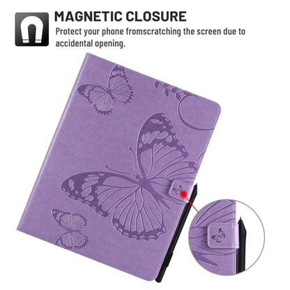 Dteck Wallet Case for iPad Air 13 Inch M2 2024 & iPad Pro 12.9 2022/2021/2020/2018 with Pencil Holder,Embossed Butterfly Auto Sleep/Wake PU Leather Smart Stand Girls Cute Folio Pocket Cover,Purple - color: 10 Purple