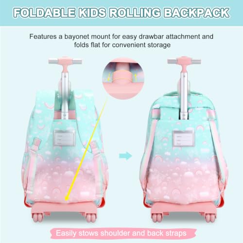 Scothen Rolling Backpack for Girls, 3PCS Roller School Backpacks for Girls with Lunch Bag and Pencil Pouch, Kids Bookbag Schoolbag with Wheels for Teen Girl Kindergarten Elementary Middle School - color: Green Pink