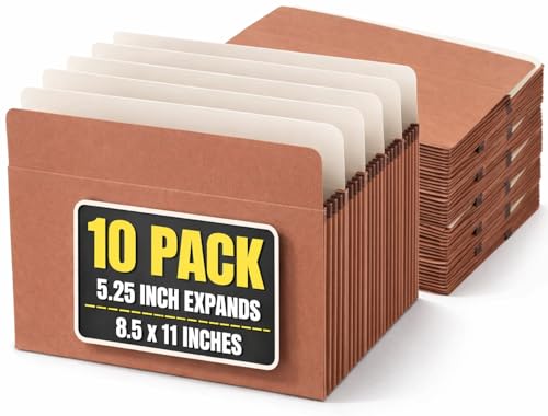 1InTheOffice Expanding File Pockets, Accordion File Organizer, Letter Size, Brown Redrope, 8 1/2" x 11", 1200 Sheet Capacity, 5 1/4", 10 Pack