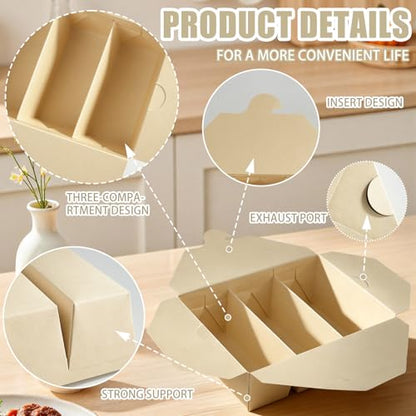 30 Pack Take Out Food Containers, 3-Compartment 7.5x5.4x2.6" Bamboo Pulp Paper Take Out Boxes, Disposable To Go Container Take Out Containers, Greaseproof Paper Bento Box Takeout Lunch Boxes with Lid - color: Bamboo Paper Color-Snap