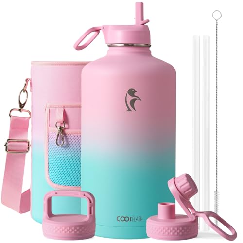 Coolflask 128 oz Gallon Water Bottle Insulated with Straw & 3 Leakproof Lid | Large Water Jug Stainless Steel Triple-Wall, Cold 48+h/Hot 24+h, Dishwasher Safe, BPA-Free, for Outdoor Gym & Hiking - color: Bubblegum Princess, size: 128 Ounces