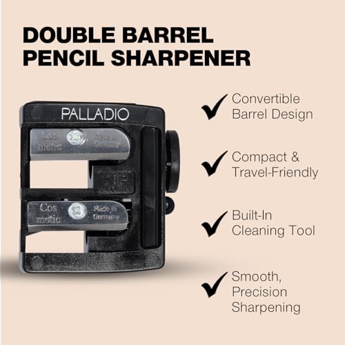 Palladio Double Barrel 3 in 1 Cosmetic Pencil Sharpener with Cover, Stainless Steel Blade, Size Adjuster, Essential for Small and Extra Large Lip Liner, Eyeliner, Brow Pencils