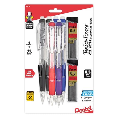 Pentel Twist-Erase Click Mechanical Pencil (0.5mm), Pack of 6 Pencisl with 2 Pack of Lead Refills (PD275TLBPS6M) - style: Lead Size 0.5mm