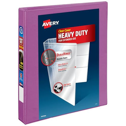 Avery Heavy-Duty View 3 Ring Binder, 1 Inch One Touch Slant Rings, 250-Sheet Capacity, DuraHinge, 1.4 Inch Wide Spine, Customizable Clear Cover and Spine, 1 Orchid Purple Binder (79449)