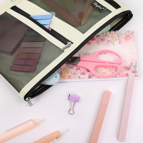 SKYDUE 3 Ring Pencil Pouch for Binder, Zipper Binder Pencil Pouch with 3 Pockets and Mesh Window, Durable Organizer for School Supplies, Cables, Earbuds, Makeup - color: Beige