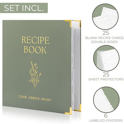 Aesthetic 8.5" x 11" Recipe Binder with Waterproof Cover - The Perfect Recipe Book with Plastic Sleeves to Write in Your Own Recipes - Quality Blank Cookbook Binder, Cards incl. - color: Sage Green, size: Large - 8.5x11"